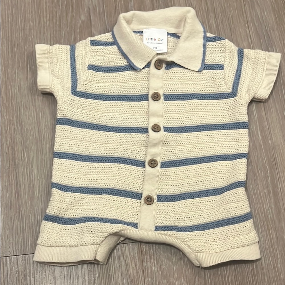 Cream and Blue organic cotton Knit Baby Romper